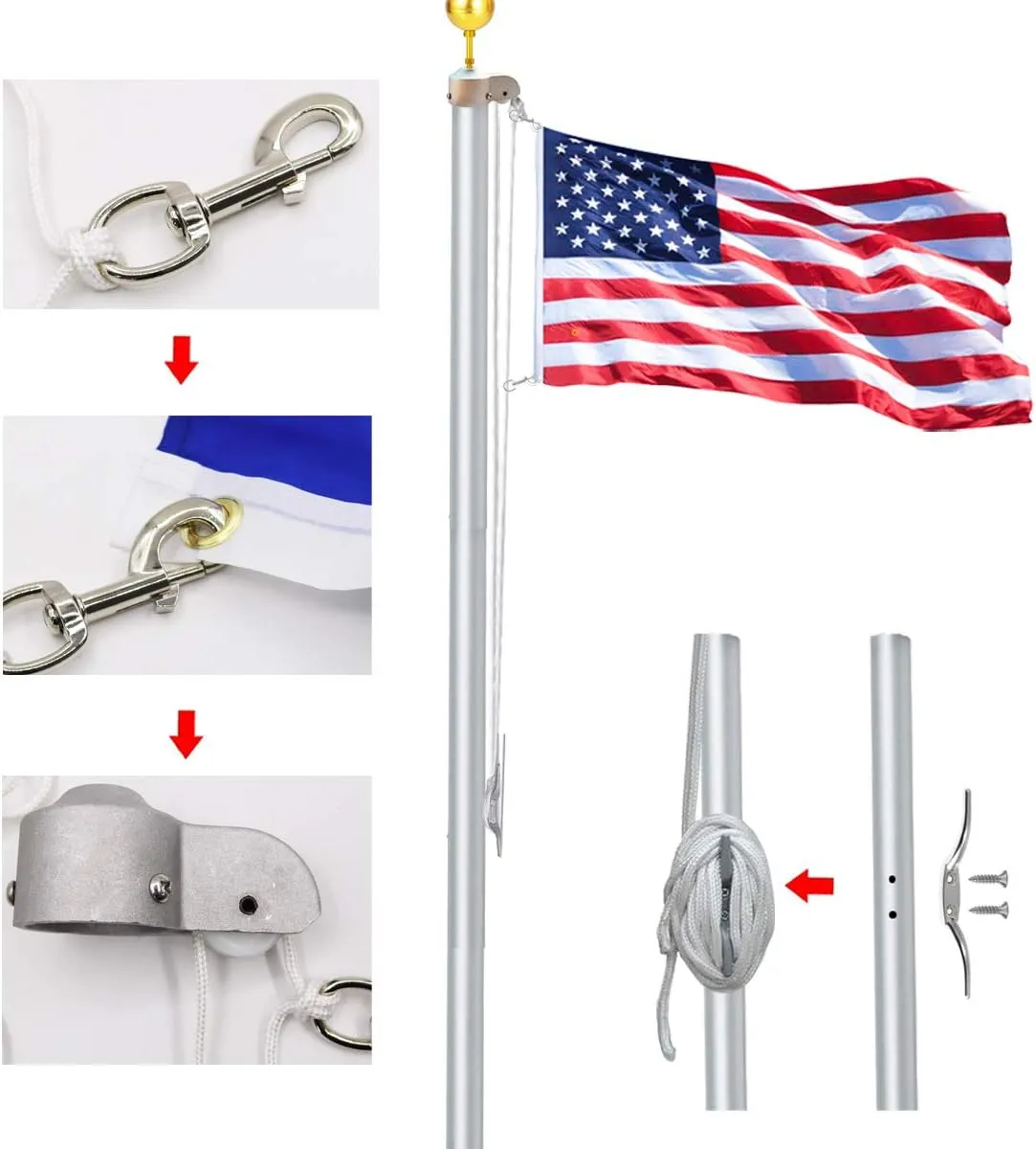 EKEV Flag Pole Hardware Parts Repair Kits - 3" Topper Silver Ball   50 Ft Halyard Rope   6" Cleat Hook   4 Flag Swivel Snap Hooks   Flagpole Pulley Truck for 2" OD Tube