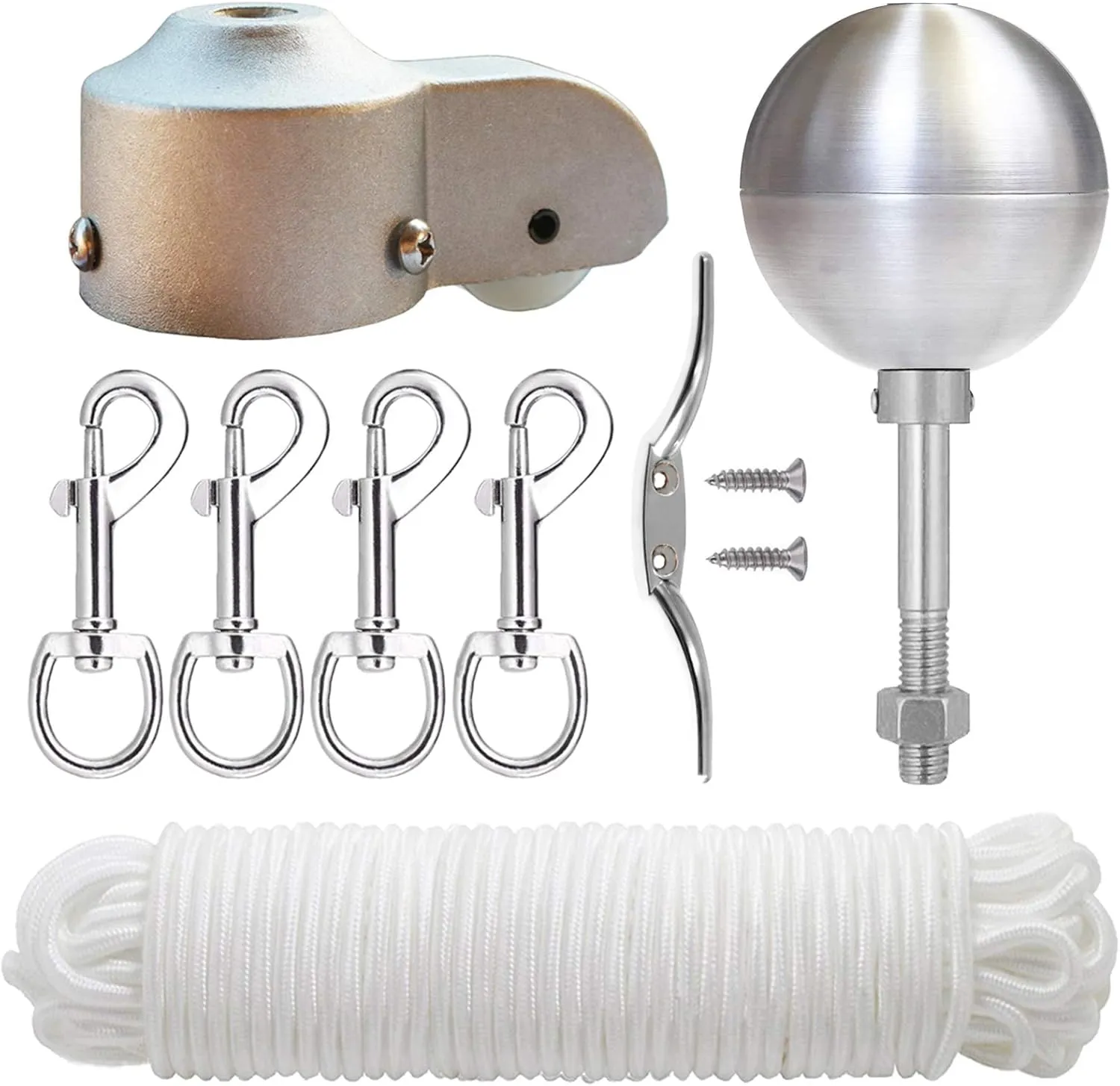 EKEV Flag Pole Hardware Parts Repair Kits - 3" Topper Silver Ball   50 Ft Halyard Rope   6" Cleat Hook   4 Flag Swivel Snap Hooks   Flagpole Pulley Truck for 2" OD Tube