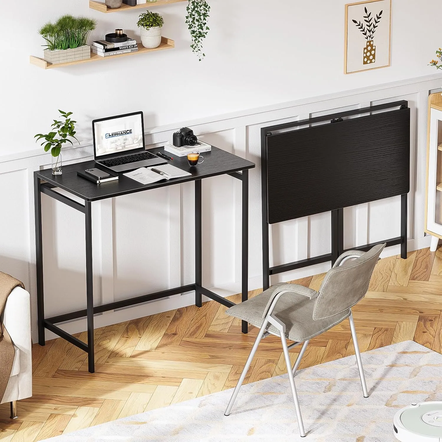 Elephance Folding Desk No Assembly Required 31.5" Small Foldable Computer Desk for Small Spaces, Space Saving Study Writing Office Desk Foldable Table for Home Office Black