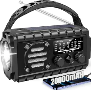 Emergency Radio Hand Crank Solar, AM/FM/SW NOAA Weather Radio Built-in 20000mah Large Battery Powered,Type-C Charger,Flashlight, Reading Light,SOS, Compact & Portable for Camping/Emergencies