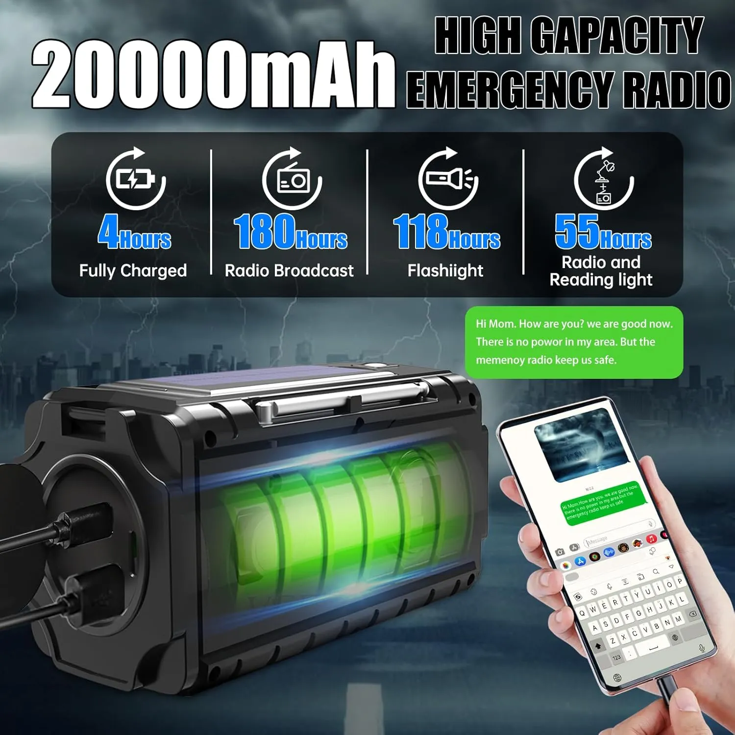 Emergency Radio Hand Crank Solar, AM/FM/SW NOAA Weather Radio Built-in 20000mah Large Battery Powered,Type-C Charger,Flashlight, Reading Light,SOS, Compact & Portable for Camping/Emergencies
