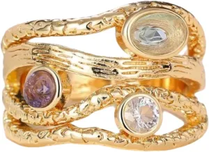 ENDLESSNESS & ETERNITY 3 Colorful Gemstone multicolor 14K Gold Plated Wedding Band Ring Cocktail Ring Chunky Statment Band Ring