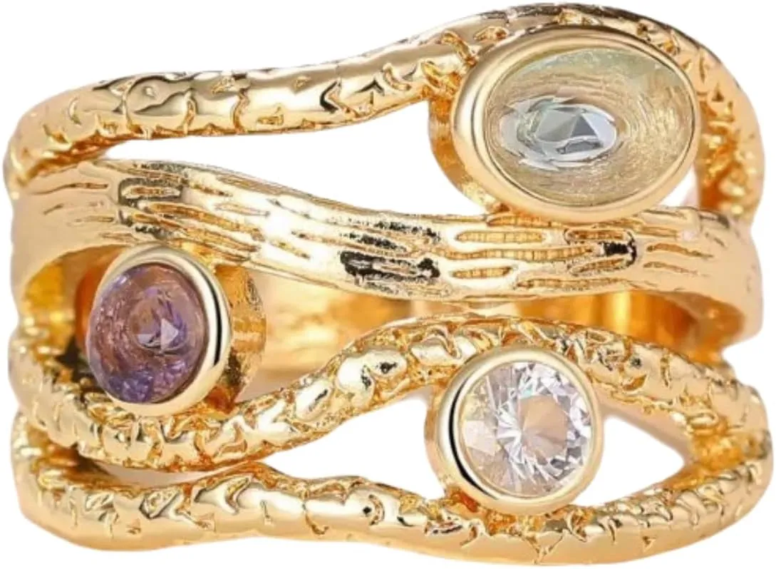 ENDLESSNESS & ETERNITY 3 Colorful Gemstone multicolor 14K Gold Plated Wedding Band Ring Cocktail Ring Chunky Statment Band Ring