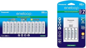 Eneloop NiMH AA Batteries 1.2V 12pk Rechargeable & Panasonic Battery Charger w/ 4 NiMH AA Eneloop Rechargeable Batteries