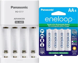 Eneloop Panasonic Advanced 4-Cell Battery Charger BQ-CC17SBA White & Ni-MH AA Battery BK-3MCCA4BA 1.2V 4pk Rechargeable