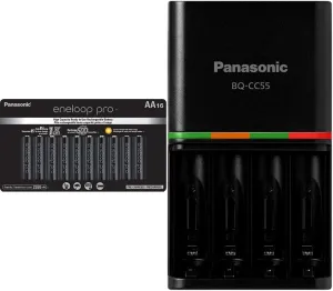 Eneloop Panasonic BK-3HCCA16FA pro AA High Capacity Ni-MH Pre-Charged Rechargeable Batteries, 16 Pack & BQ-CC55KSBHA Advanced pro Rechargeable Battery 4 Hour Quick Charger