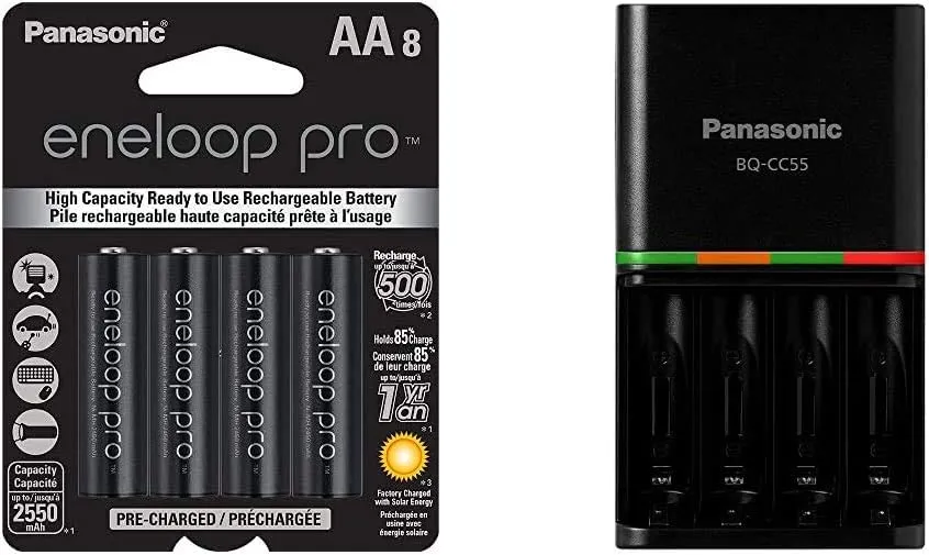 Eneloop Panasonic pro AA High Capacity Batteries (8-Pack) and Advanced pro Charger Bundle