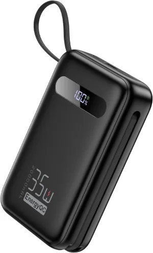 EnergyQC Power Bank, 20,000mAh 35W PD 3.0 QC 4.0 Fast Charging Portable Charger with Built-in Lightning & USB-C in&Out Cables, Battery Pack for iPhone 16/15/14 Series, Galaxy, iPad, AirPods, Black