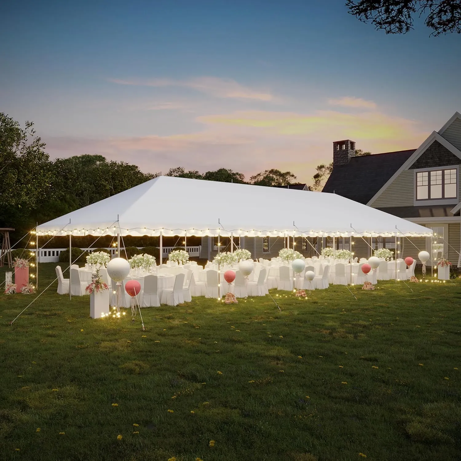 EROMMY 20x50ft Pole Party Tent, Heavy Duty Outdoor Canopy with Carry Bags, Large White Event Tent for 150 People, Ideal for Weddings, Parties, and Events