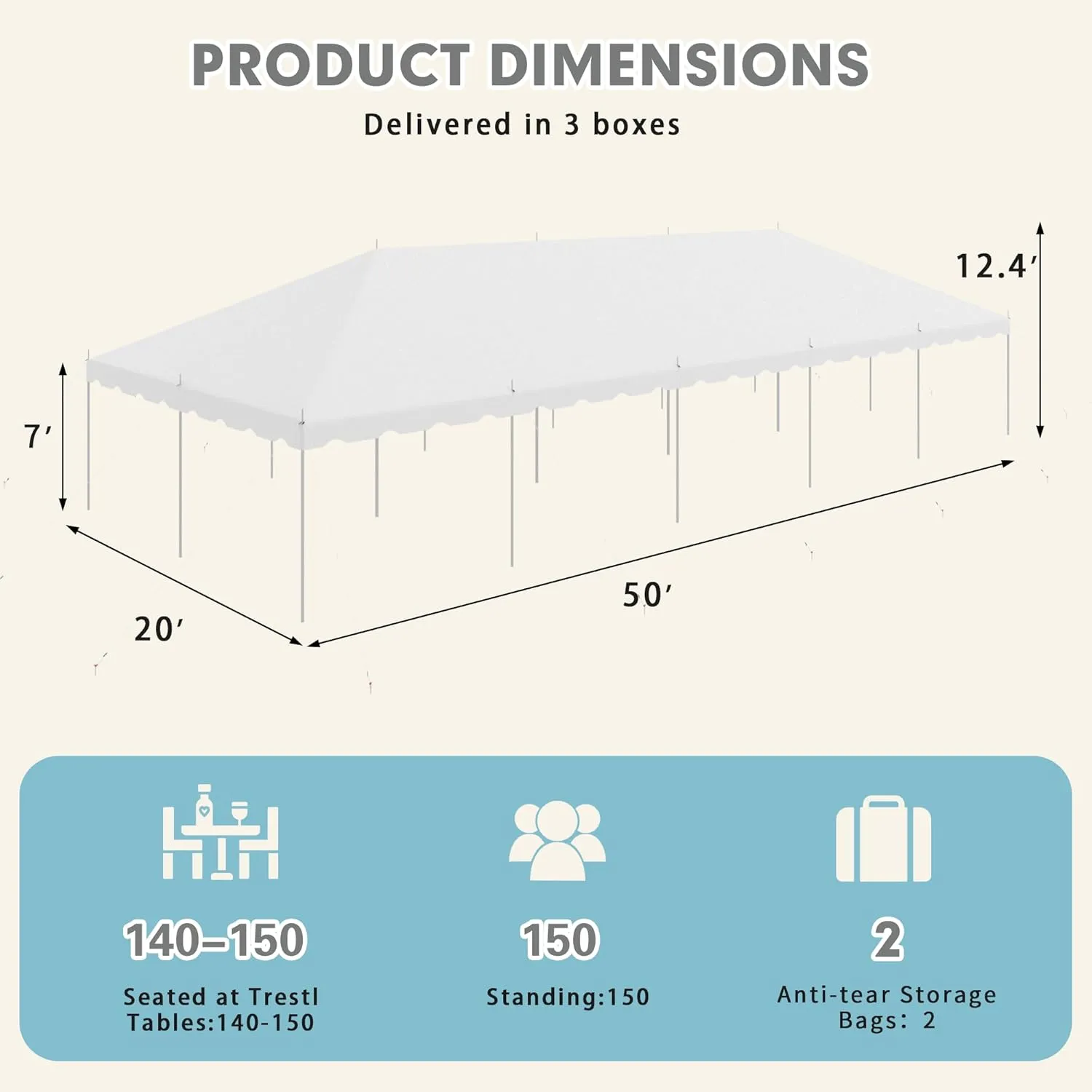 EROMMY 20x50ft Pole Party Tent, Heavy Duty Outdoor Canopy with Carry Bags, Large White Event Tent for 150 People, Ideal for Weddings, Parties, and Events