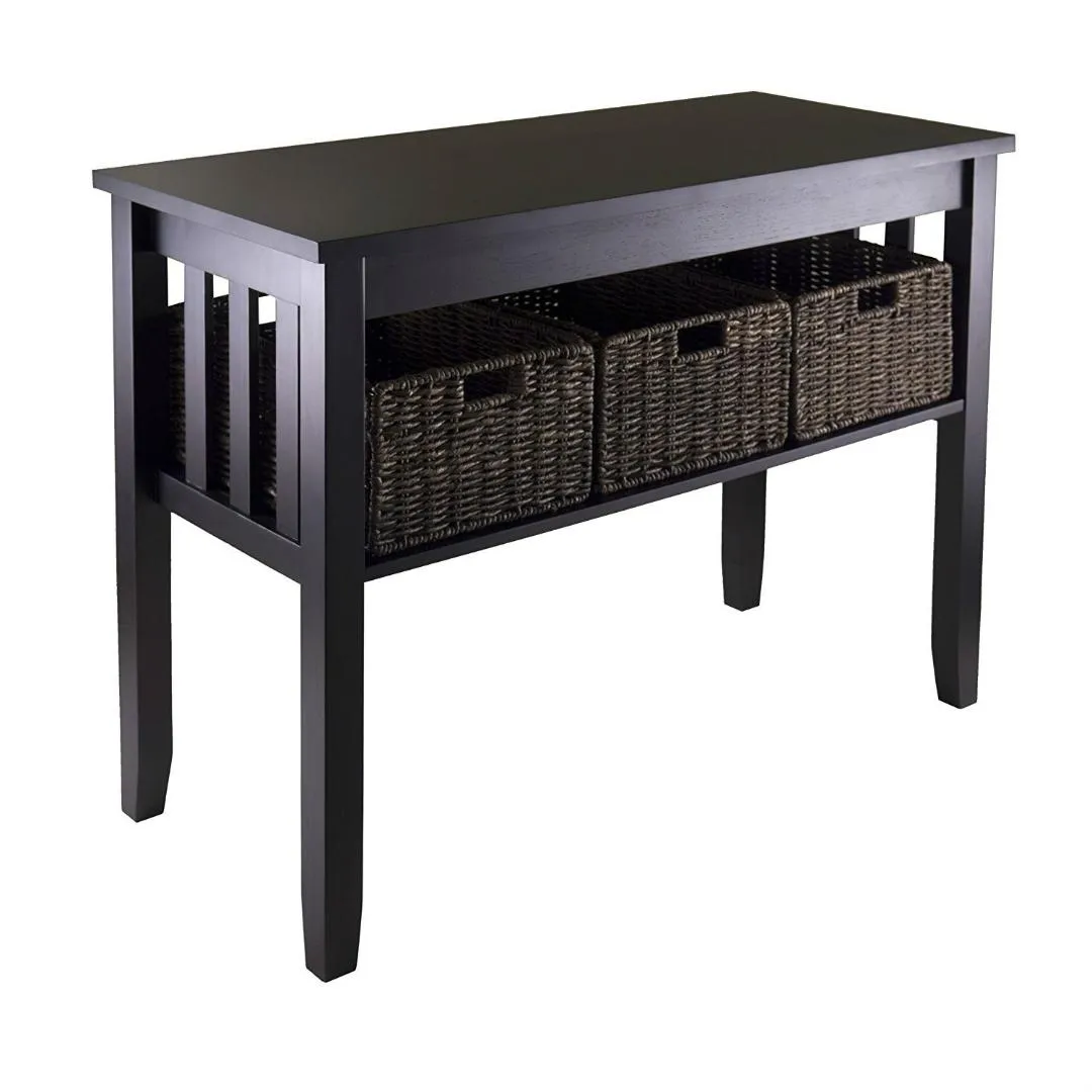 Espresso Wood Console Hall - Sofa Table w- 3 Foldable Baskets