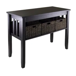 Espresso Wood Console Hall - Sofa Table w- 3 Foldable Baskets