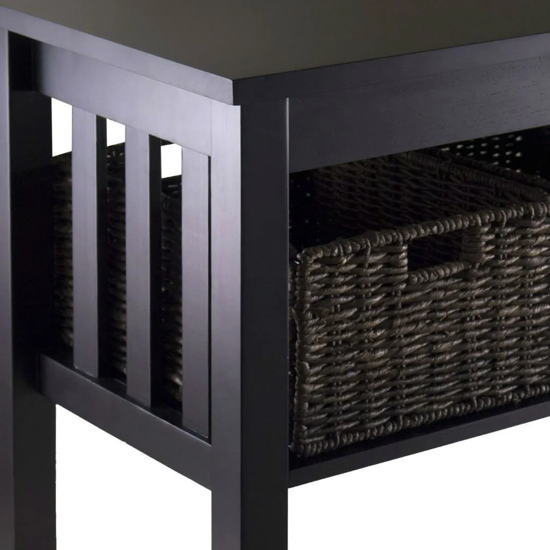 Espresso Wood Console Hall - Sofa Table w- 3 Foldable Baskets