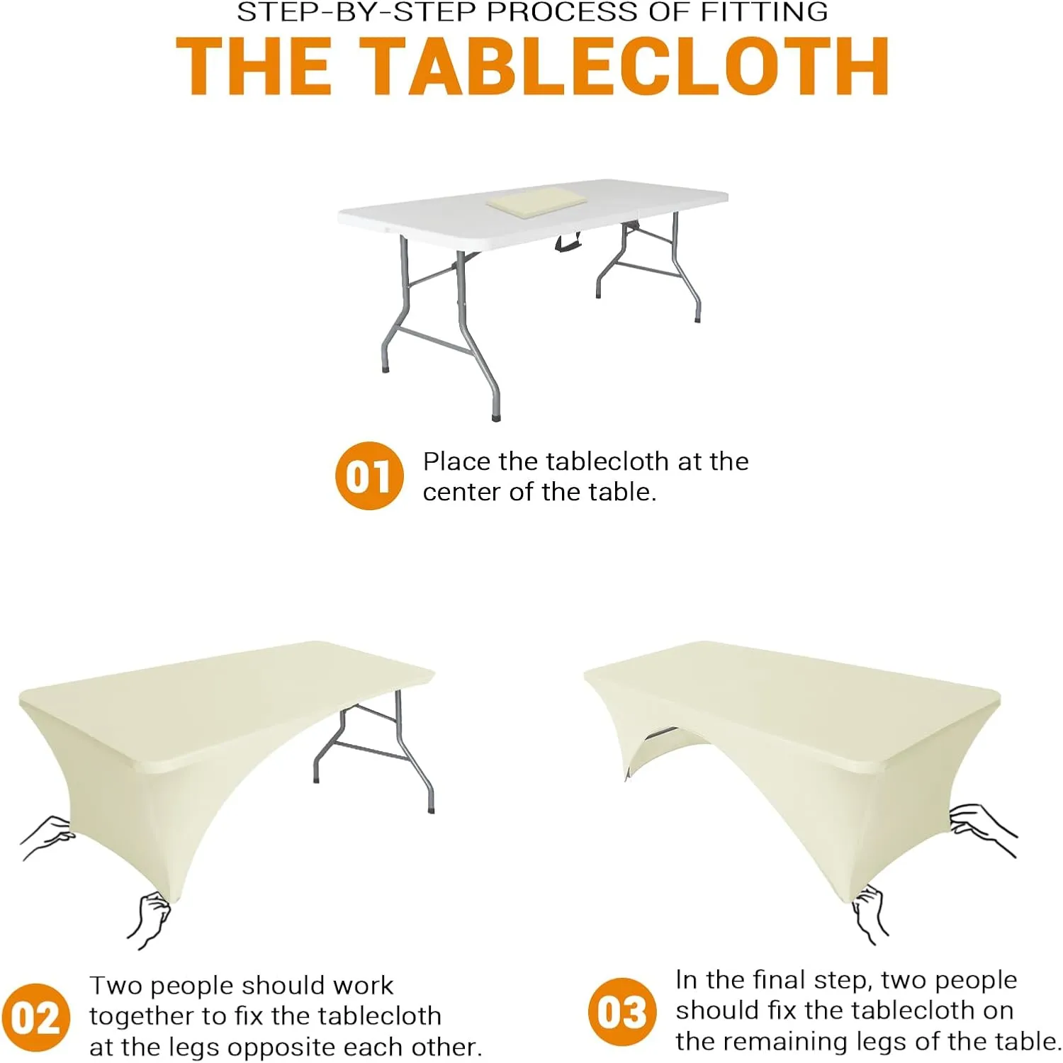 Eurmax USA Spandex Table Cover - 8 ft. Fitted, 30  Colors, Polyester Stretch Spandex Table Toppers, 2 Pack (Ivory)