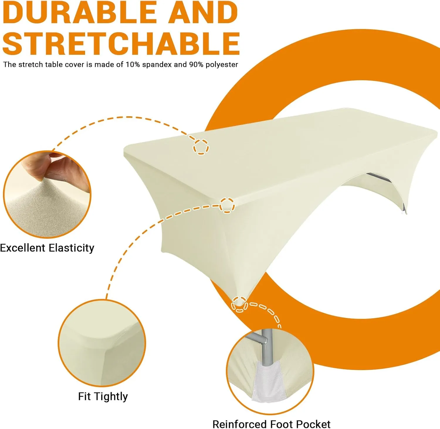 Eurmax USA Spandex Table Cover - 8 ft. Fitted, 30  Colors, Polyester Stretch Spandex Table Toppers, 2 Pack (Ivory)
