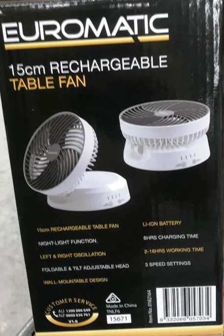 Euromatic 15cm Rechargeable Table Fan