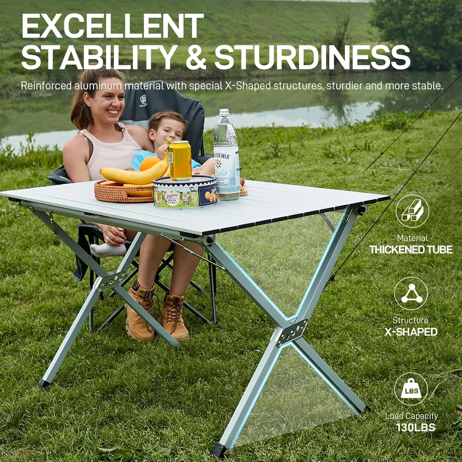 EVER ADVANCED Folding Camping Table, Aluminium Roll Up Table for Different Terrains, Collapsible Table for 4-6 People, Fold Up Lightweight with Carry Bag for Picnic Garden BBQ, Silver, 130LBS