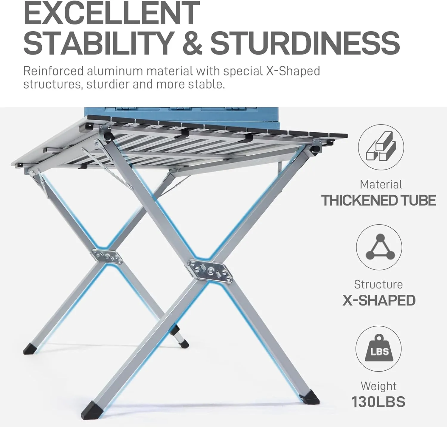EVER ADVANCED Folding Camping Table, Aluminium Roll Up Table for Different Terrains, Collapsible Table for 4-6 People, Fold Up Lightweight with Carry Bag for Picnic Garden BBQ, Silver, 130LBS