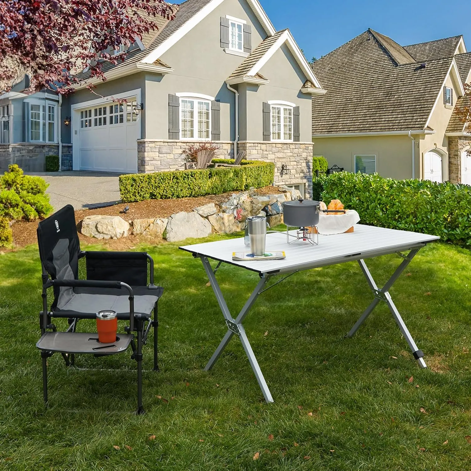 EVER ADVANCED Folding Camping Table, Aluminium Roll Up Table for Different Terrains, Collapsible Table for 4-6 People, Fold Up Lightweight with Carry Bag for Picnic Garden BBQ, Silver, 130LBS
