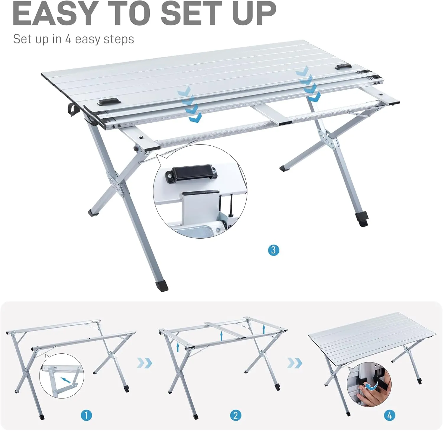 EVER ADVANCED Folding Camping Table, Aluminium Roll Up Table for Different Terrains, Collapsible Table for 4-6 People, Fold Up Lightweight with Carry Bag for Picnic Garden BBQ, Silver, 130LBS