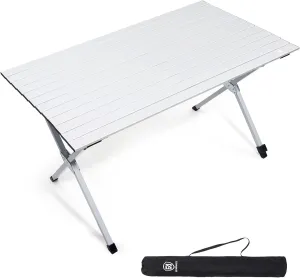 EVER ADVANCED Folding Camping Table, Aluminium Roll Up Table for Different Terrains, Collapsible Table for 4-6 People, Fold Up Lightweight with Carry Bag for Picnic Garden BBQ, Silver, 130LBS