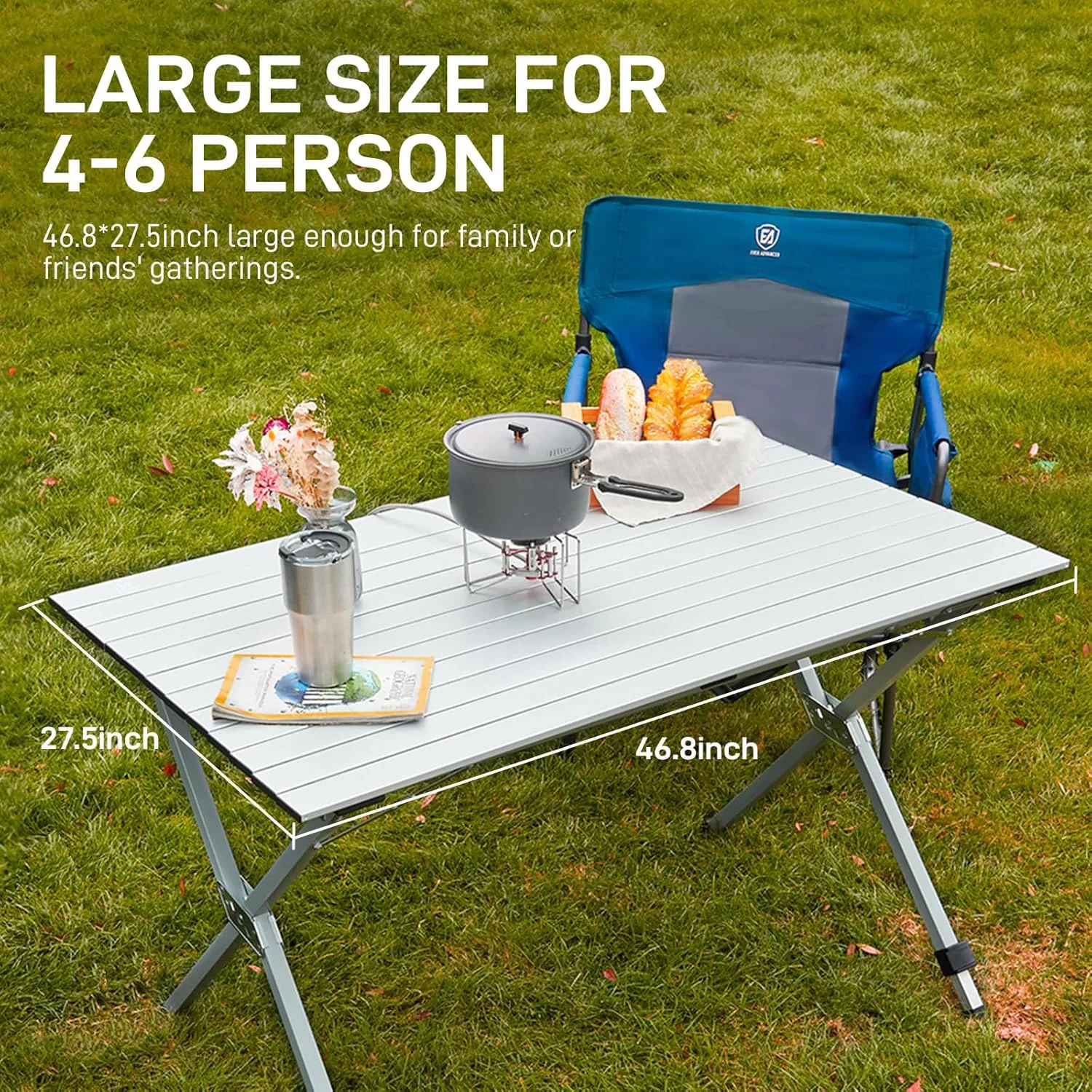 EVER ADVANCED Folding Camping Table, Aluminium Roll Up Table for Different Terrains, Collapsible Table for 4-6 People, Fold Up Lightweight with Carry Bag for Picnic Garden BBQ, Silver, 130LBS