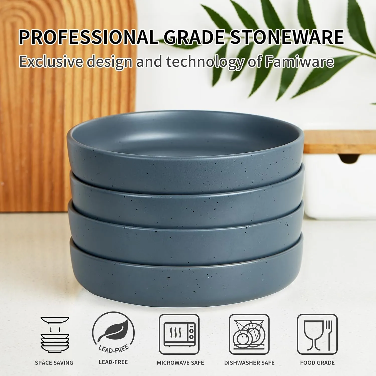 famiware 8.5" Pasta Bowls Set of 4, Dawn Speckled Bowl for Kitchen, Stoneware Dinner Bowl Set for Christmas, Thanksgiving, Microwave Dishwasher Safe, Charcoal