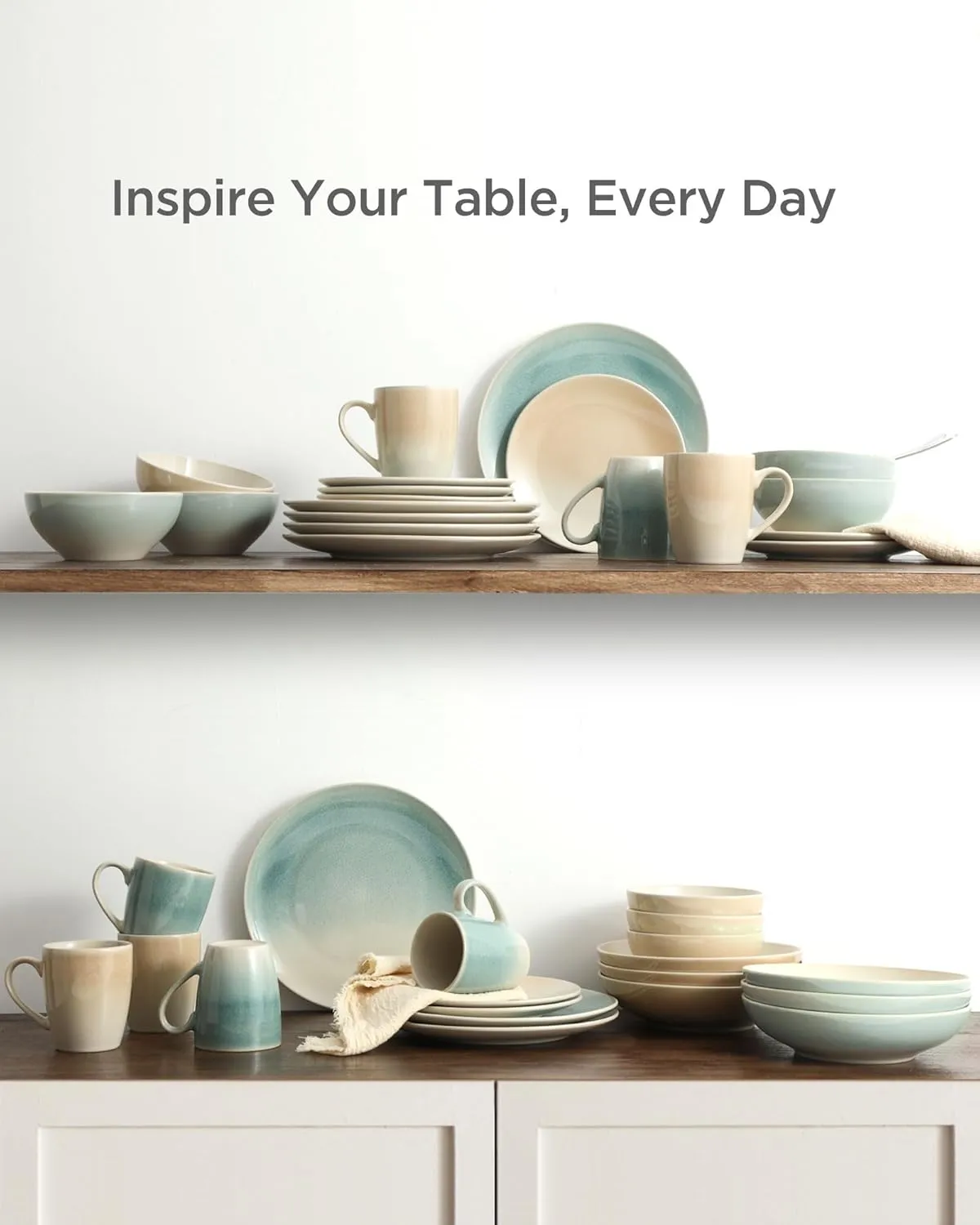 Famiware Glacier Stoneware Dinnerware Sets, Plates and Bowls Sets, 12 Pieces Kitchen Dishes Set for 4 - Dishwasher and Microwave Safe, Chip and Scratch Resistant, Aqua