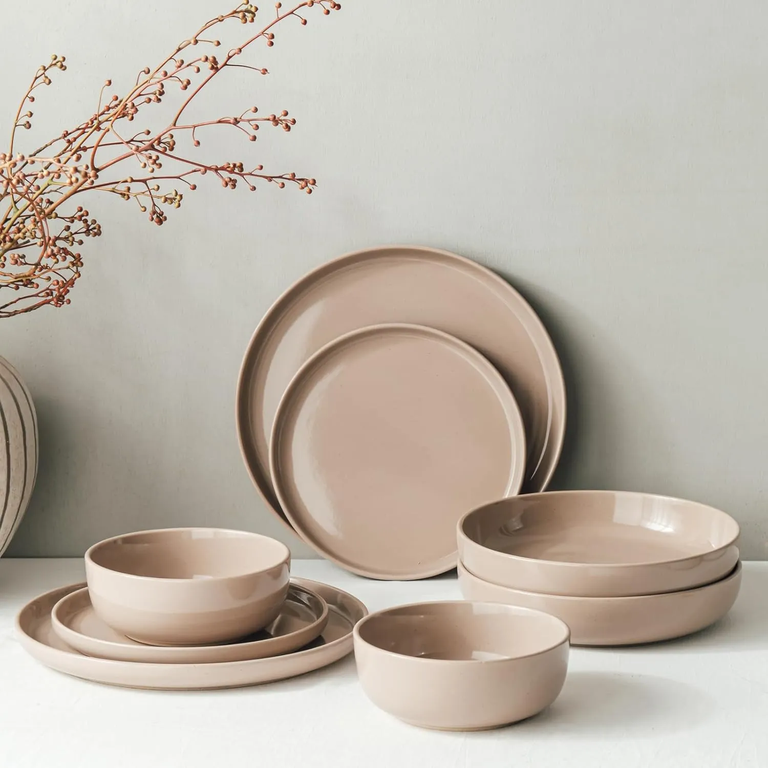 Famiware Milkyway Plates and Bowls Set, 12 Pieces Dinnerware Sets, Dishes Set for 4, Cinnamon Brown