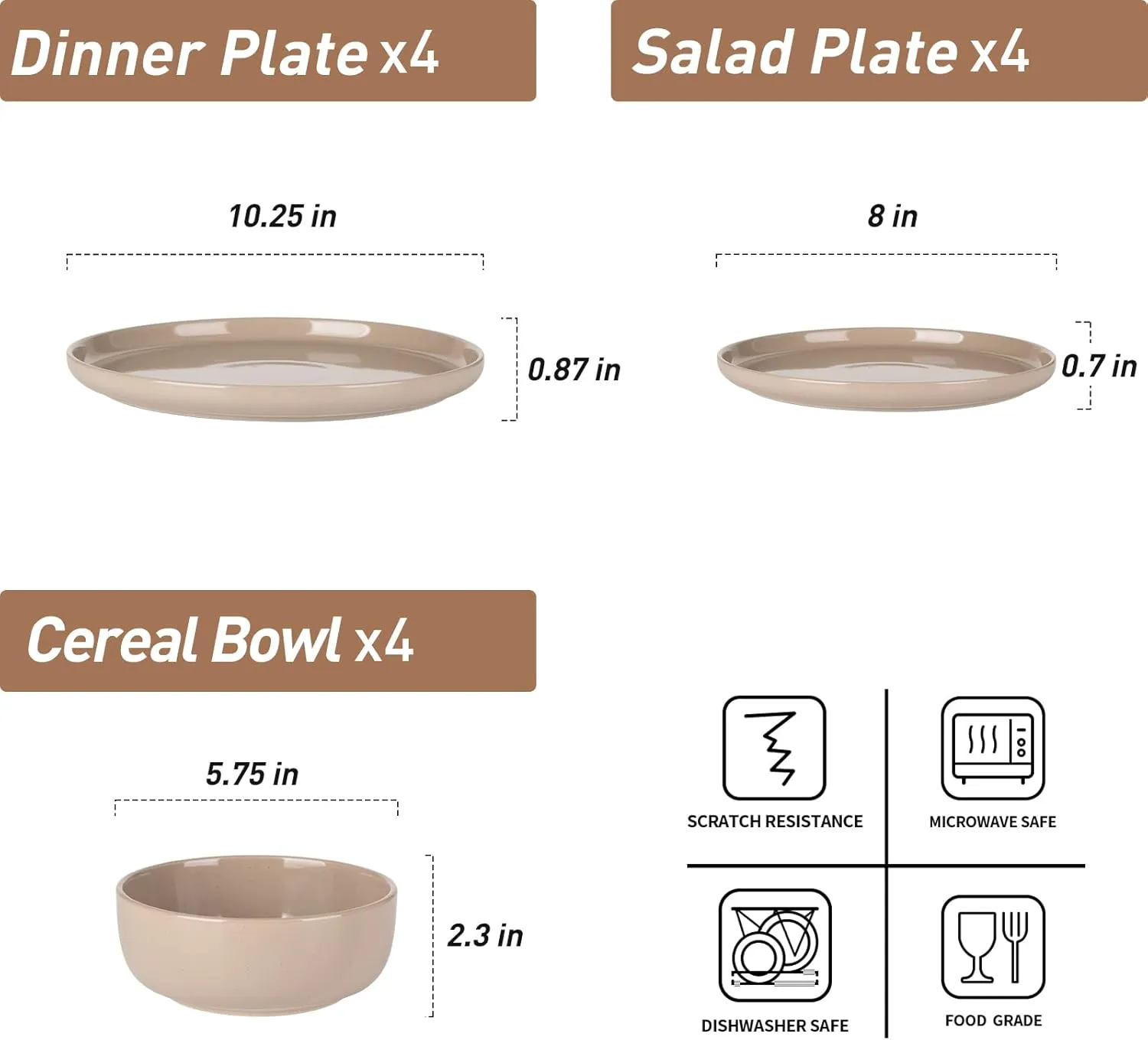 Famiware Milkyway Plates and Bowls Set, 12 Pieces Dinnerware Sets, Dishes Set for 4, Cinnamon Brown