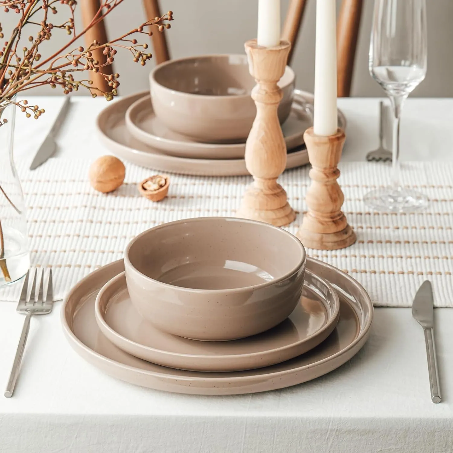 Famiware Milkyway Plates and Bowls Set, 12 Pieces Dinnerware Sets, Dishes Set for 4, Cinnamon Brown