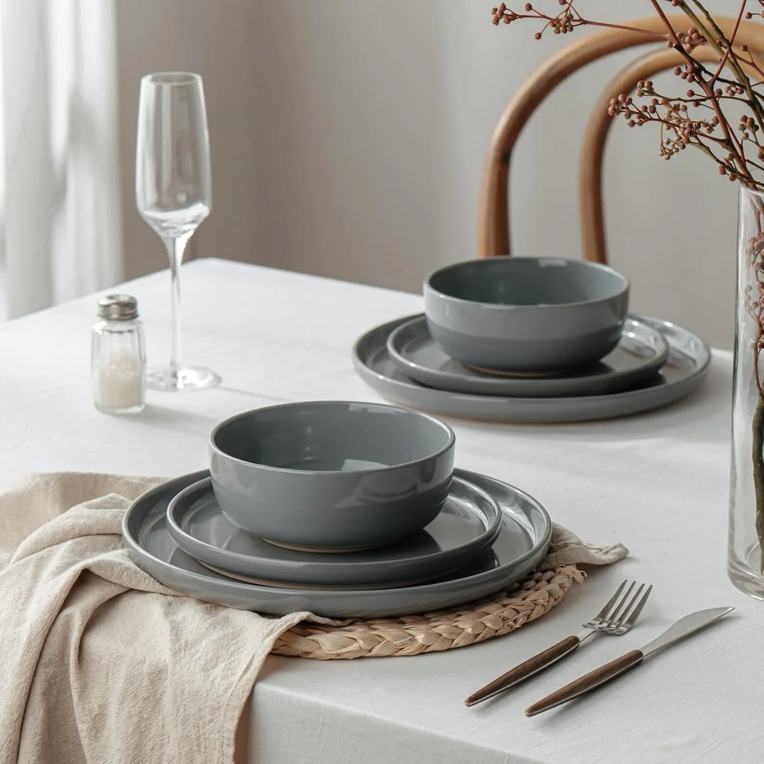 Famiware Milkyway Plates and Bowls Set, 12 Pieces Dinnerware Sets, Dishes Set for 4, Dark Gray