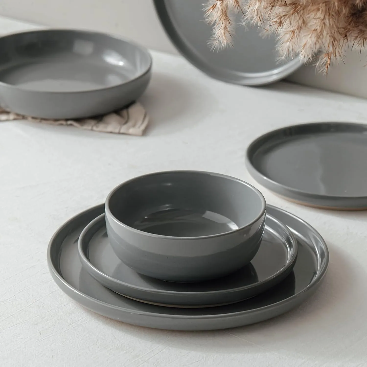 Famiware Milkyway Plates and Bowls Set, 12 Pieces Dinnerware Sets, Dishes Set for 4, Dark Gray