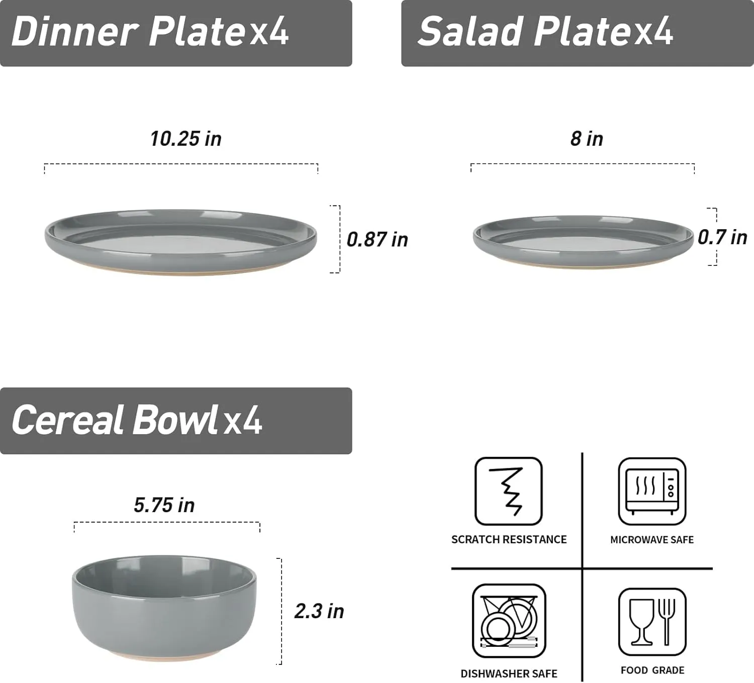 Famiware Milkyway Plates and Bowls Set, 12 Pieces Dinnerware Sets, Dishes Set for 4, Dark Gray
