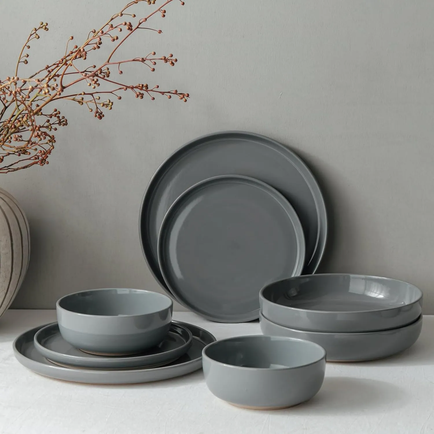 Famiware Milkyway Plates and Bowls Set, 12 Pieces Dinnerware Sets, Dishes Set for 4, Dark Gray