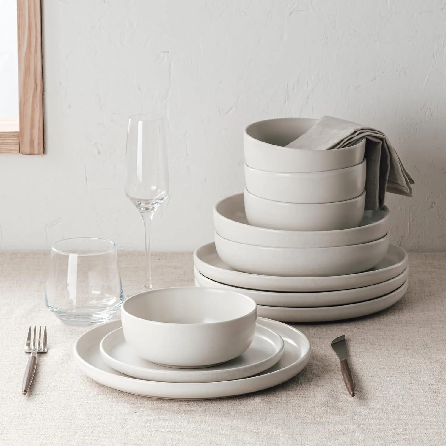 Famiware Milkyway Plates and Bowls Sets, 12 Pieces Dinnerware Sets, Reactive Glaze Dish Set, Stoneware Dishes Set for 4, Matte White