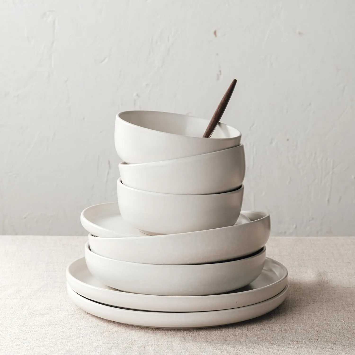 Famiware Milkyway Plates and Bowls Sets, 12 Pieces Dinnerware Sets, Reactive Glaze Dish Set, Stoneware Dishes Set for 4, Matte White