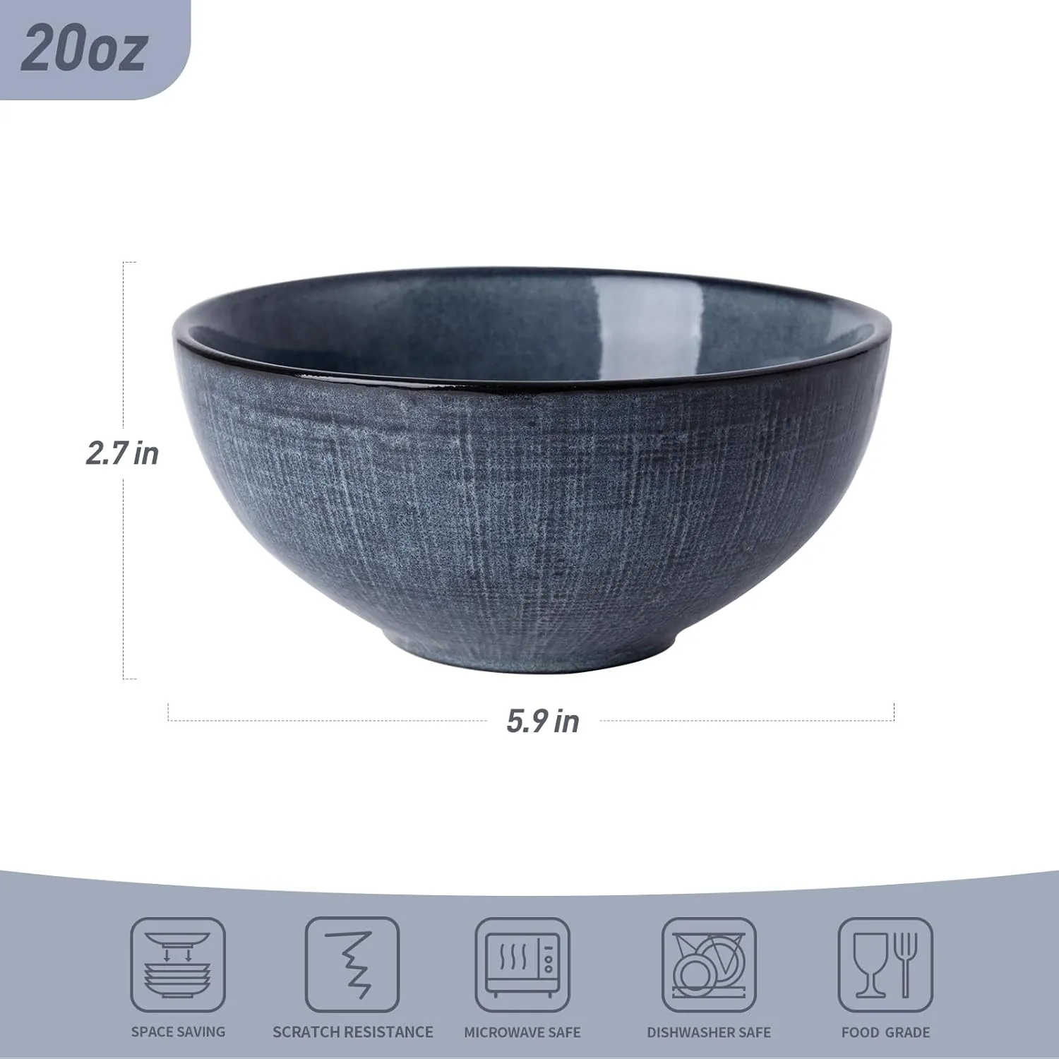 famiware Moonlight Cereal Bowl, 20oz Rice Bowls Set of 6, Stoneware Soup Bowls for Kitchen, Festivals, Housewarming, Dinnerware, Microwave and Dishwasher Safe, Sturdy & Stackable, Dark Blue