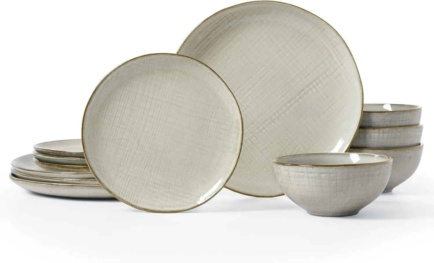 Famiware Moonlight Plates and Bowls Sets, 12 Pieces Stoneware Dinnerware Sets with Linen Finish, Handmade Dishware Set for 4, Microwave and Dishwasher Safe, Chip and Scratch Resistant, Summer Sand