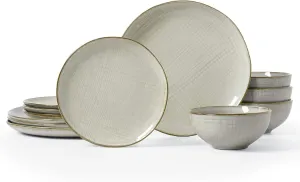 Famiware Moonlight Plates and Bowls Sets, 12 Pieces Stoneware Dinnerware Sets with Linen Finish, Handmade Dishware Set for 4, Microwave and Dishwasher Safe, Chip and Scratch Resistant, Summer Sand