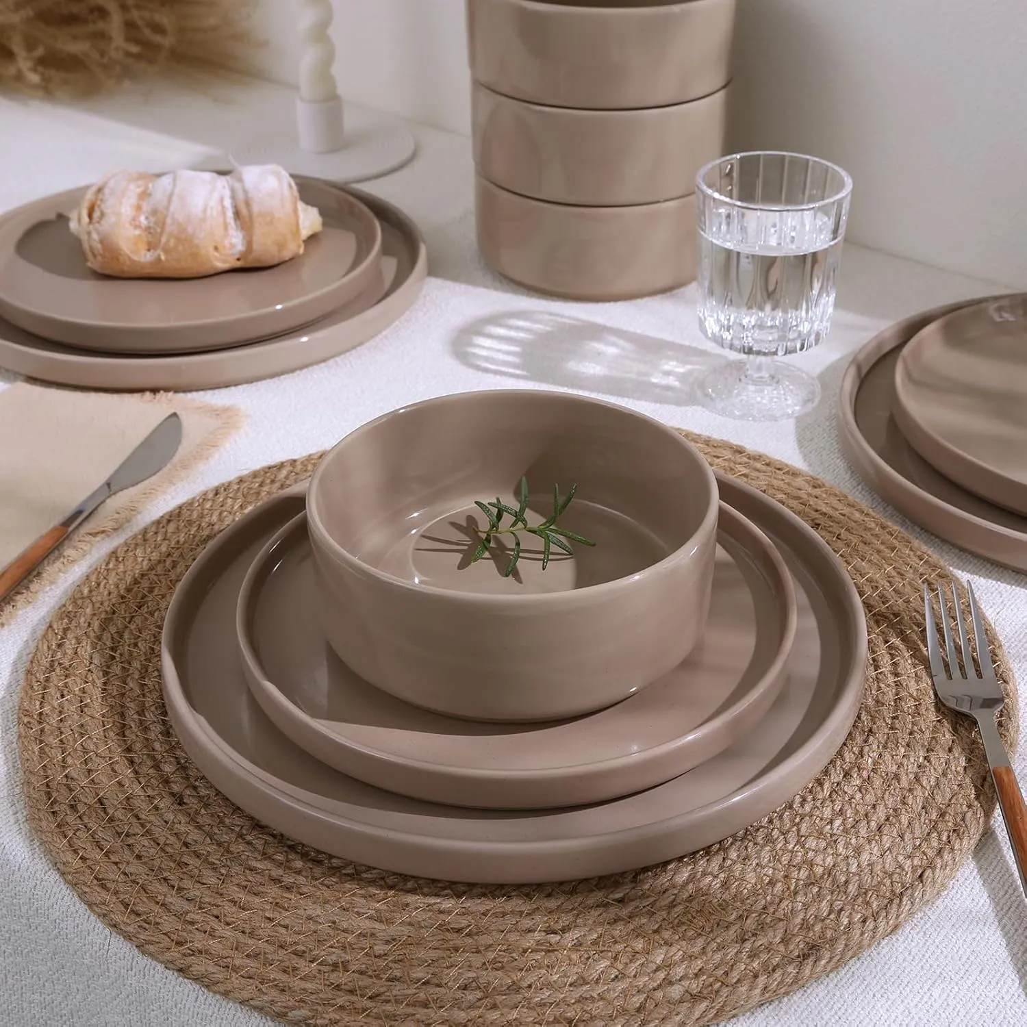 Famiware Nebula Plates and Bowls Set, 12 Pieces Dinnerware Sets, Dishes Set for 4, Cinnamon Brown