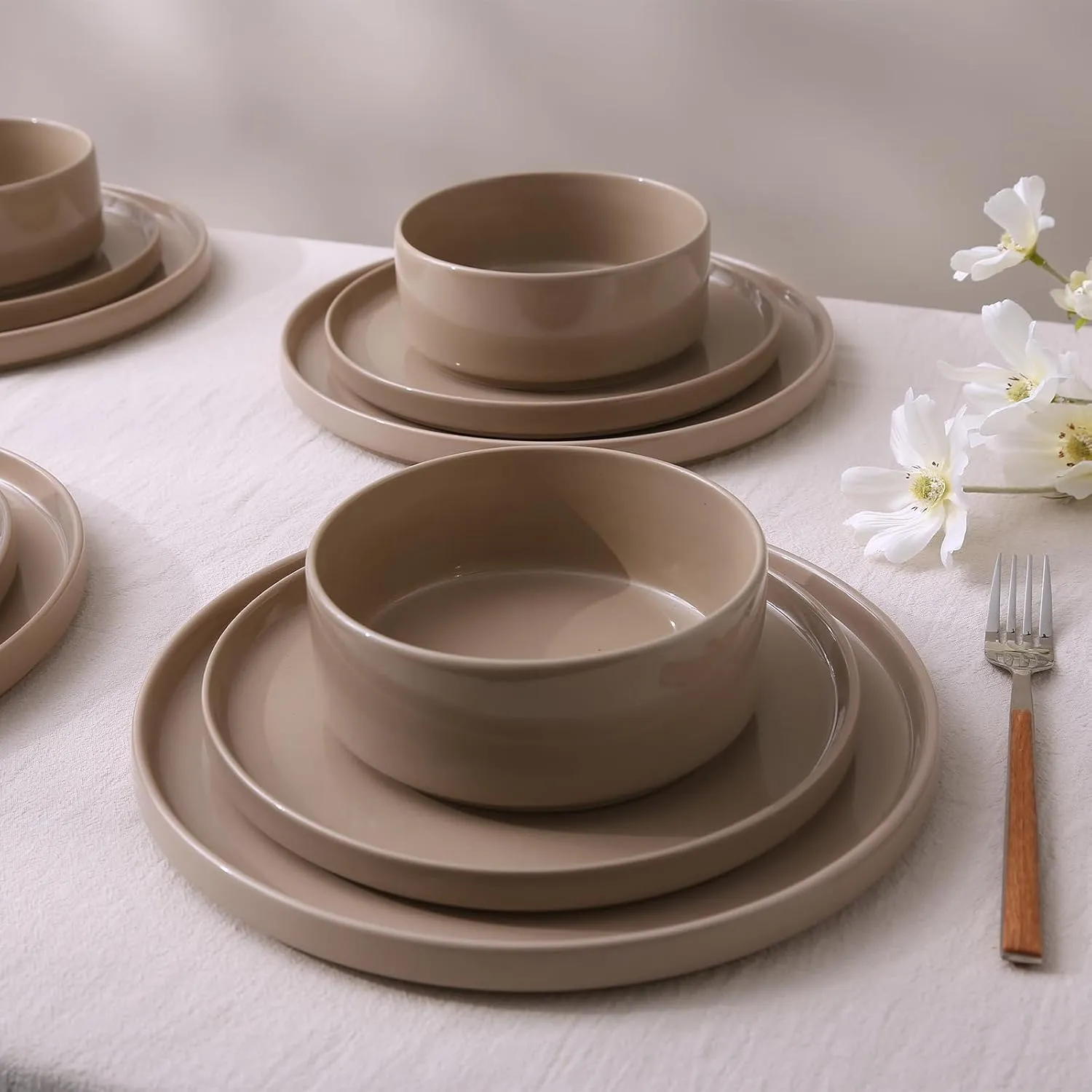 Famiware Nebula Plates and Bowls Set, 12 Pieces Dinnerware Sets, Dishes Set for 4, Cinnamon Brown