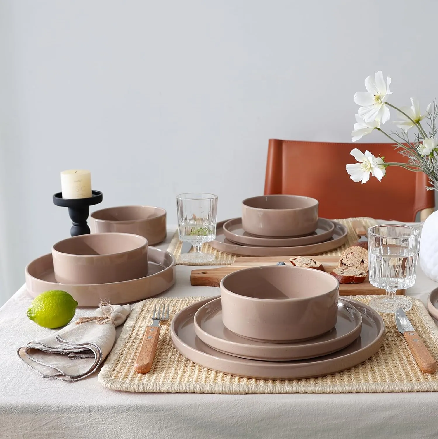 Famiware Nebula Plates and Bowls Set, 12 Pieces Dinnerware Sets, Dishes Set for 4, Cinnamon Brown