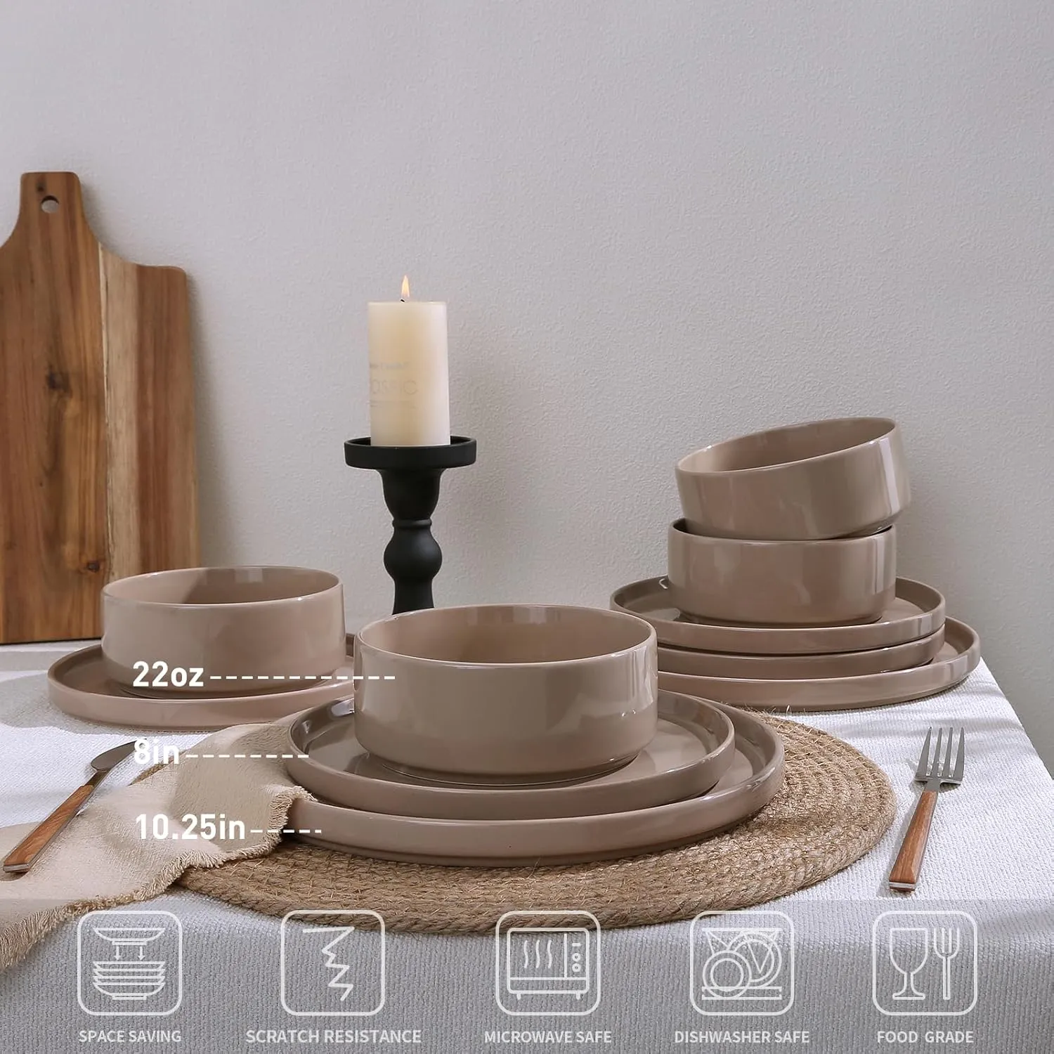 Famiware Nebula Plates and Bowls Set, 12 Pieces Dinnerware Sets, Dishes Set for 4, Cinnamon Brown