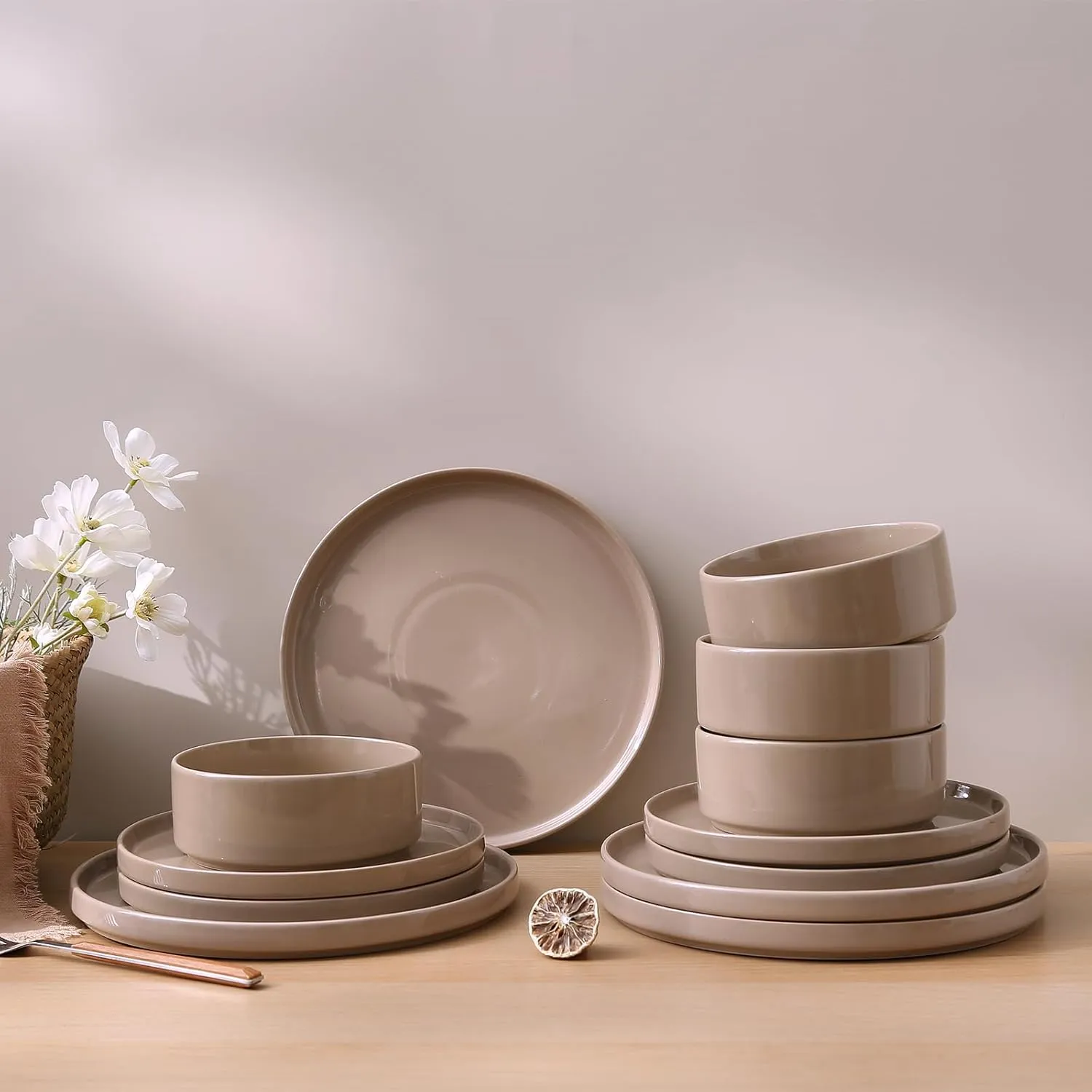 Famiware Nebula Plates and Bowls Set, 12 Pieces Dinnerware Sets, Dishes Set for 4, Cinnamon Brown