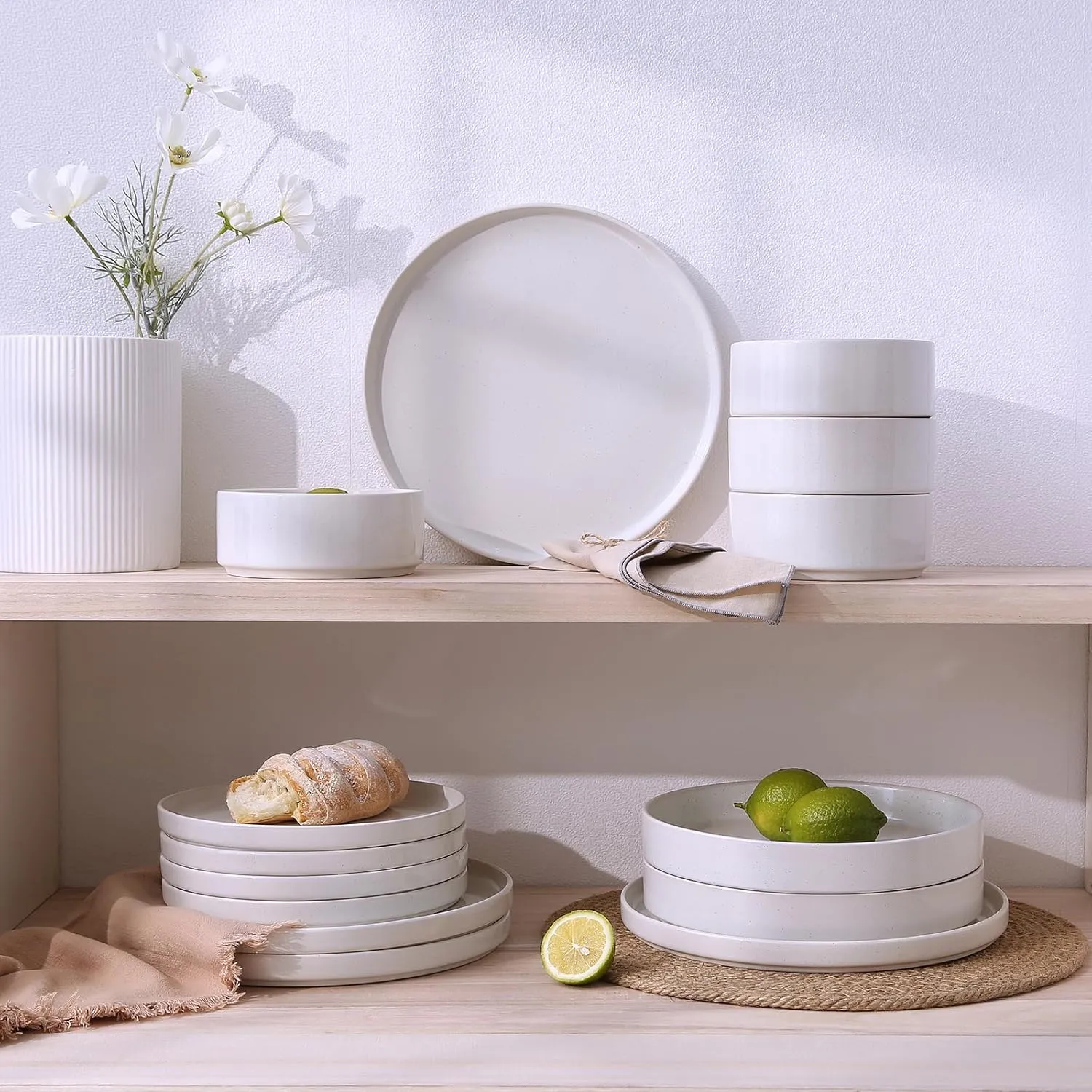 Famiware Nebula Plates and Bowls Set, 24 Pieces Dinnerware Sets, Dishes Set for 8, White