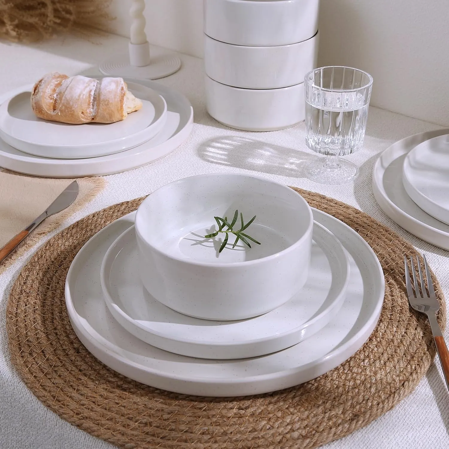 Famiware Nebula Plates and Bowls Set, 24 Pieces Dinnerware Sets, Dishes Set for 8, White