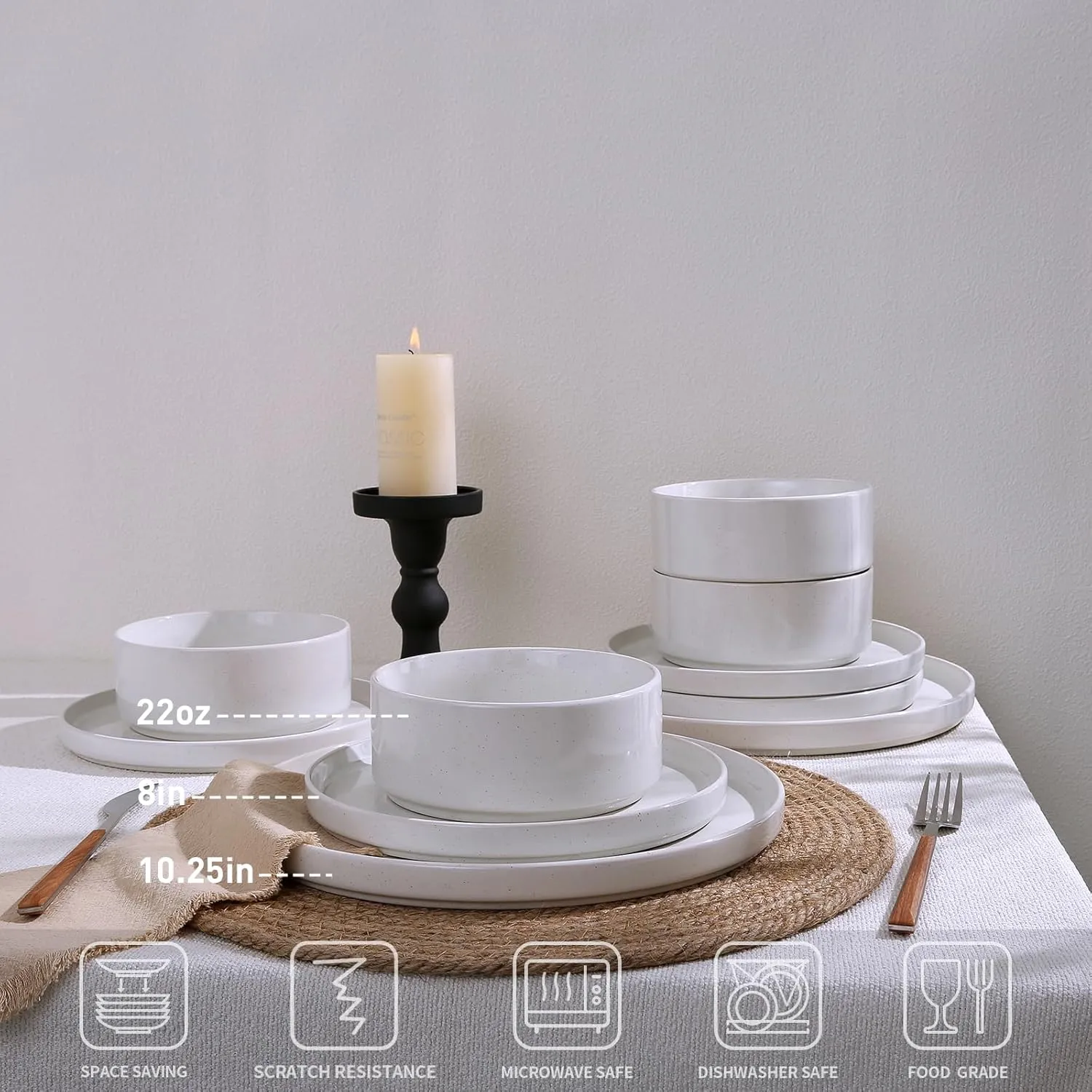 Famiware Nebula Plates and Bowls Set, 24 Pieces Dinnerware Sets, Dishes Set for 8, White