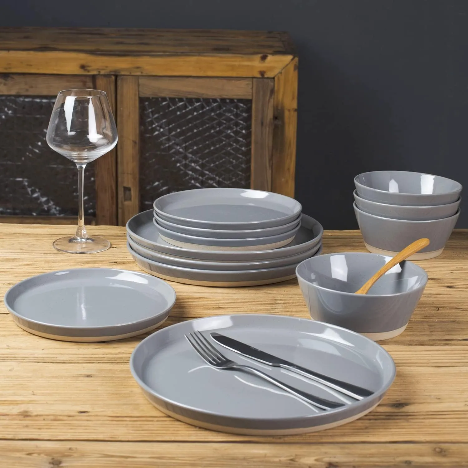 Famiware Saturn Dinnerware Sets, 12 Pieces Dish Set, Plates and Bowls Sets for 4, Dark Gray