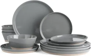 Famiware Saturn Dinnerware Sets, 12 Pieces Dish Set, Plates and Bowls Sets for 4, Dark Gray